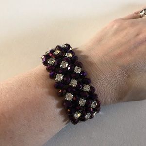 Purple and rhinestone beaded stretch bracelet
